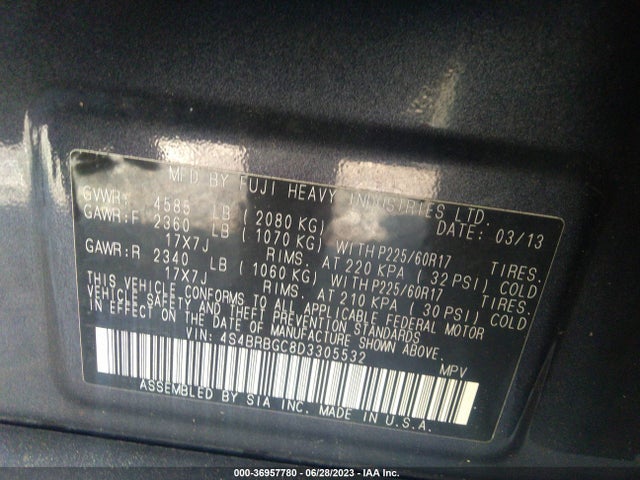 2013 SUBARU OUTBACK 2.5I PREMIUM VIN: 4S4BRBGC8D3305532