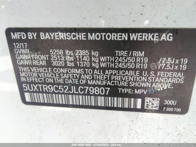 2018 BMW X3 XDRIVE30I VIN: 5UXTR9C52JLC79807