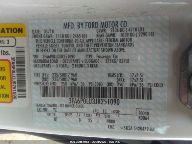 3FA6P0LU3JR251090 Ford Fusion Hybrid Se
