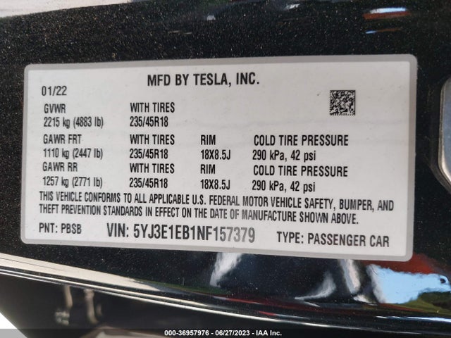 5YJ3E1EB1NF157379 Tesla Model 3 Long Range