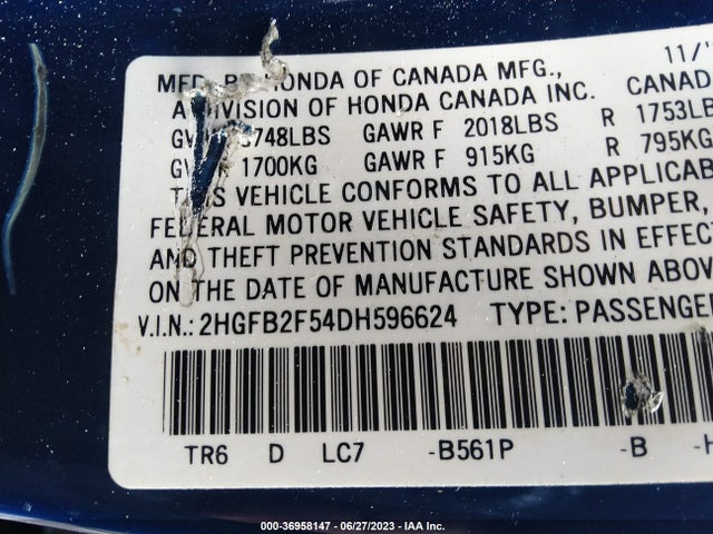 2013 HONDA CIVIC SDN LX VIN: 2HGFB2F54DH596624