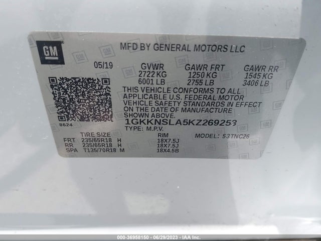 GMC ACADIA SLE 2019 1GKKNSLA5KZ269253 Image 9