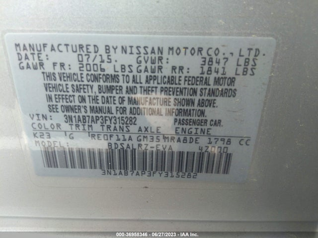 2015 NISSAN SENTRA SR VIN: 3N1AB7AP3FY315282