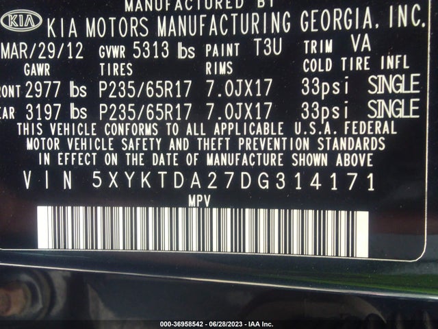 2013 KIA SORENTO LX VIN: 5XYKTDA27DG314171