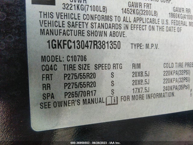 2007 GMC YUKON SLT VIN: 1GKFC13047R381350