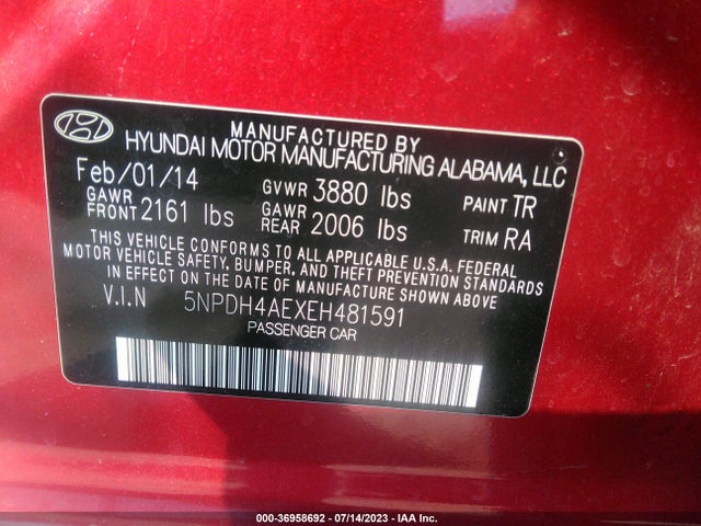 2014 HYUNDAI ELANTRA SE VIN: 5NPDH4AEXEH481591