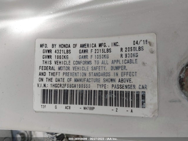 Honda Accord Sedan Sport 2016 1HGCR2F58GA199550 Image 9