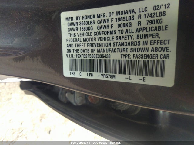 2012 HONDA CIVIC SDN LX VIN: 19XFB2F50CE336438