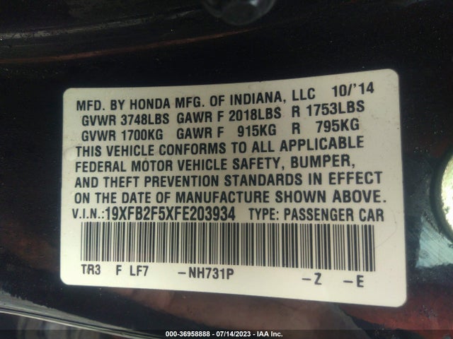 Honda Civic Sedan Lx 2015 19XFB2F5XFE203934 Image 9