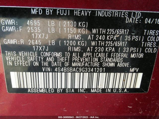 4S4BSBAC9G3341201 Subaru Outback 2.5i