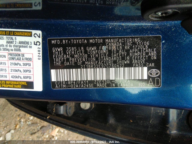 2007 TOYOTA COROLLA CE/S/LE VIN: 2T1BR32E97C760422