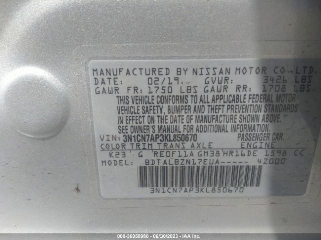 3N1CN7AP3KL850670 Nissan Versa Sedan Sv