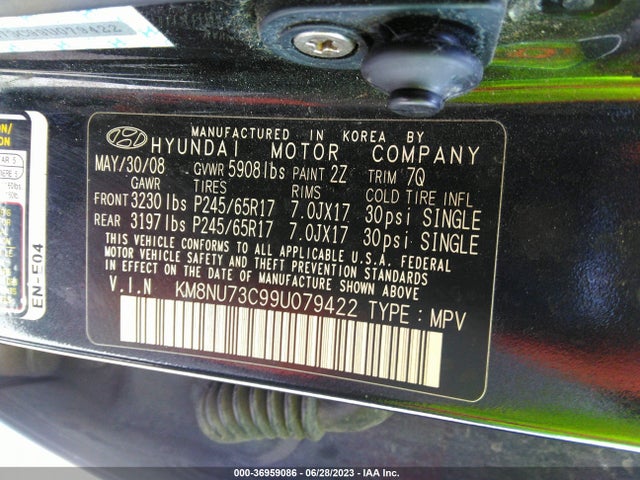 2009 HYUNDAI VERACRUZ GLS VIN: KM8NU73C99U079422