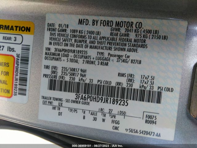 3FA6P0HD9JR189235 Ford FUSION SE