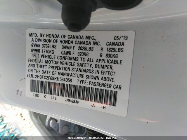 Honda Civic Lx 2019 2HGFC2F69KH564058 Image 9