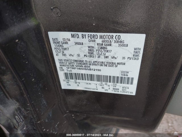 2006 FORD F-150 XL/STX/XLT VIN: 1FTRF14WX6NB12150