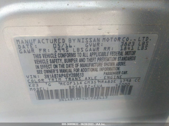 2016 NISSAN SENTRA S VIN: 3N1AB7AP4GY288613