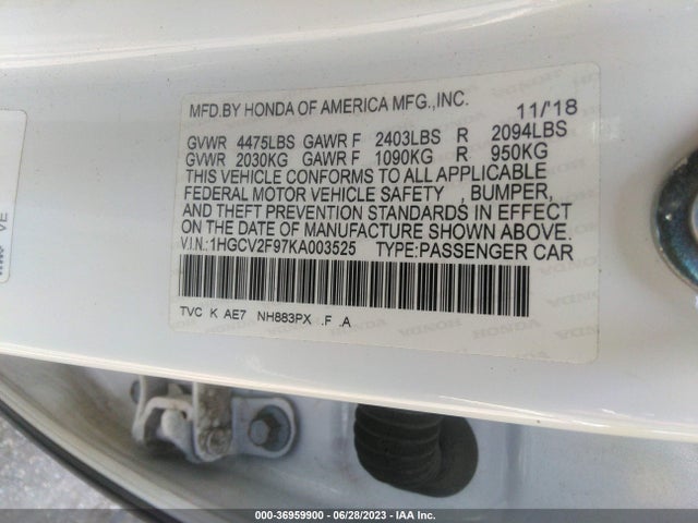2019 HONDA ACCORD SEDAN TOURING 2.0T VIN: 1HGCV2F97KA003525