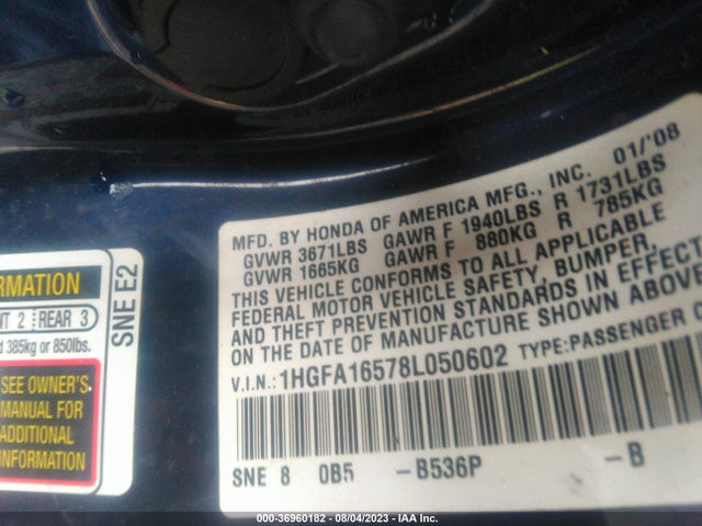 2008 HONDA CIVIC LX VIN: 1HGFA16578L050602