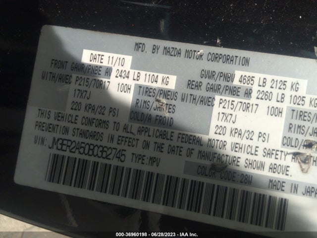 2011 MAZDA CX-7 I SV VIN: JM3ER2A50B0362745