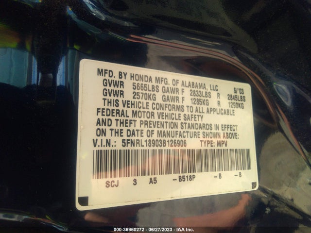 2003 HONDA ODYSSEY EX-L VIN: 5FNRL18903B126906