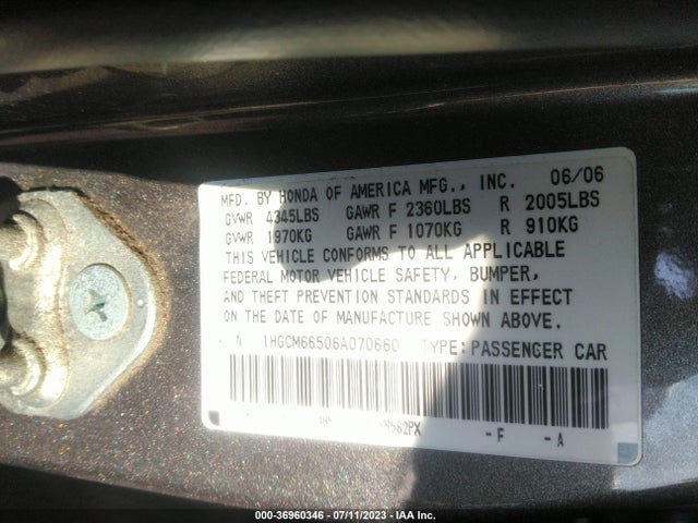 2006 HONDA ACCORD SDN EX-L V6 VIN: 1HGCM66506A070660