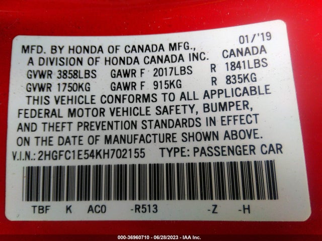 Honda CIVIC SI SEDAN 2019 2HGFC1E54KH702155 Image 15