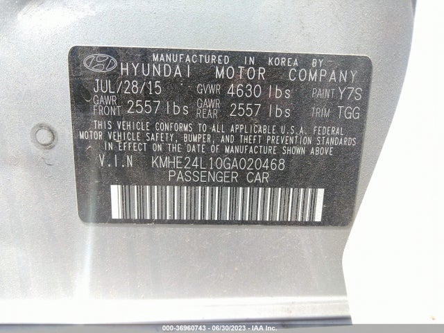 2016 HYUNDAI SONATA HYBRID SE VIN: KMHE24L10GA020468