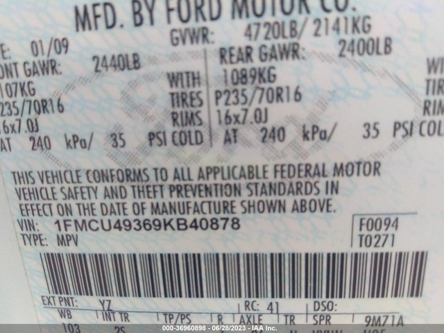 2009 FORD ESCAPE HYBRID VIN: 1FMCU49369KB40878