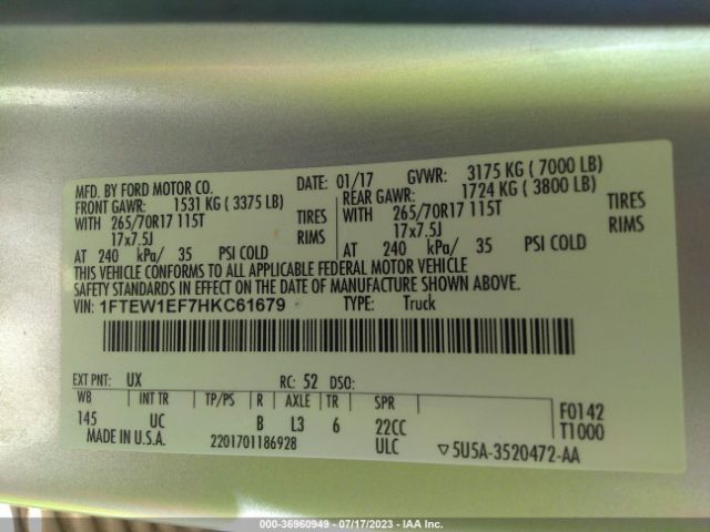 1FTEW1EF7HKC61679 Ford F-150 Xl/xlt/lariat
