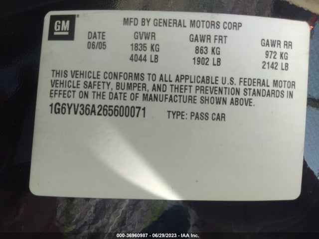 2006 CADILLAC XLR VIN: 1G6YV36A265600071