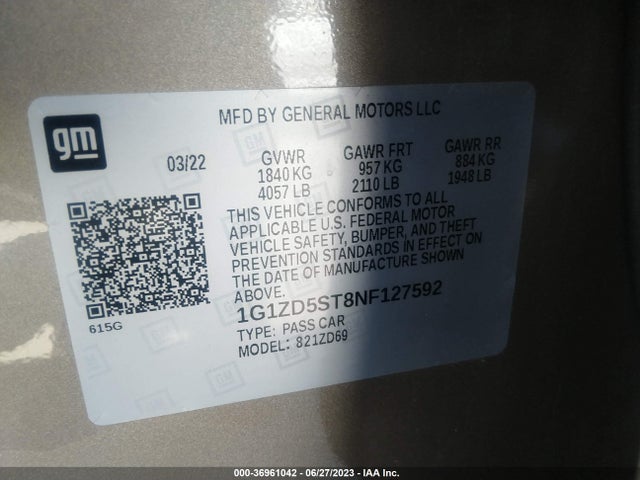 2022 CHEVROLET MALIBU LT VIN: 1G1ZD5ST8NF127592