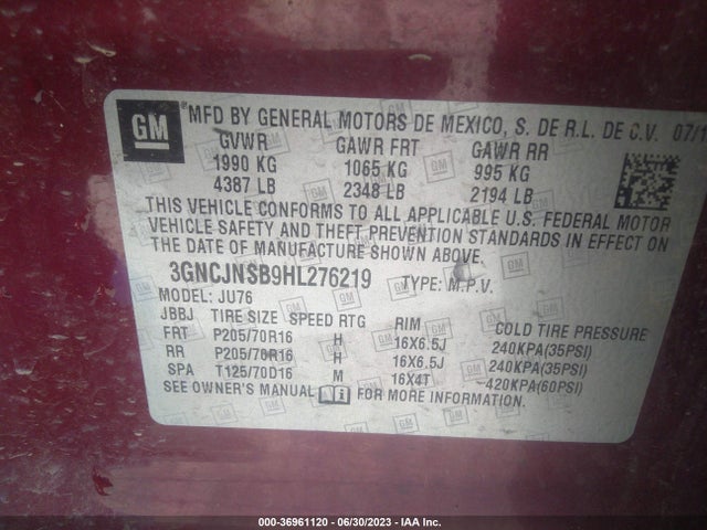 Chevrolet TRAX LS 2017 3GNCJNSB9HL276219 Image 9