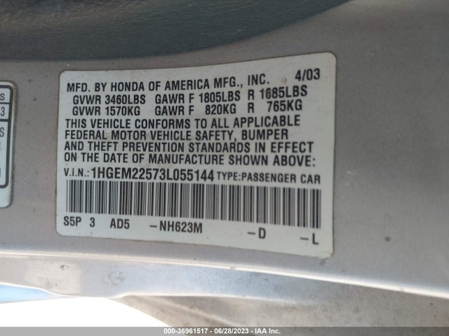 2003 HONDA CIVIC LX VIN: 1HGEM22573L055144