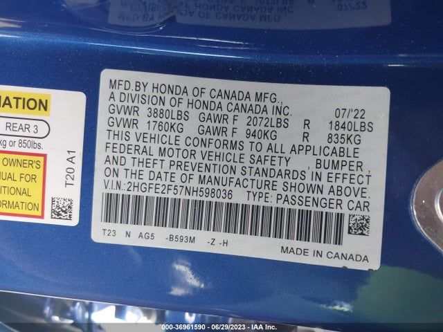 2022 HONDA CIVIC SEDAN SPORT VIN: 2HGFE2F57NH598036