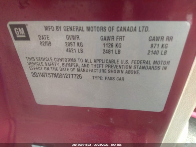 2009 CHEVROLET IMPALA 3.5L LT VIN: 2G1WT57N091277726