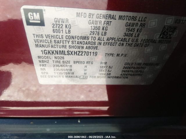 1GKKNMLSXHZ270119 GMC ACADIA SLT