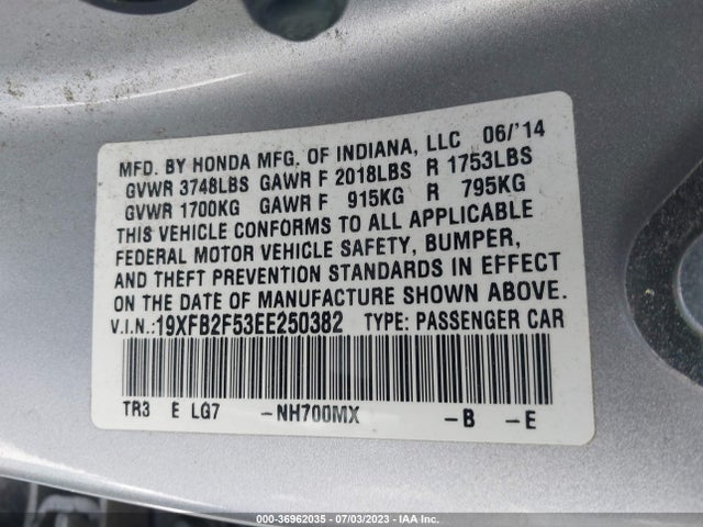 Honda Civic Sedan Lx 2014 19XFB2F53EE250382 Image 9