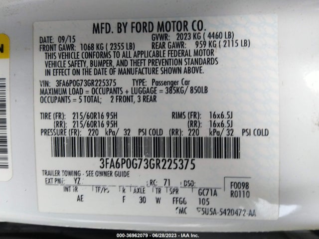 Ford FUSION S 2016 3FA6P0G73GR225375 Image 9