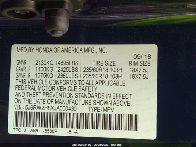 Honda Cr-v Ex-l 2018 5J6RW2H8XJA000430 Image 9