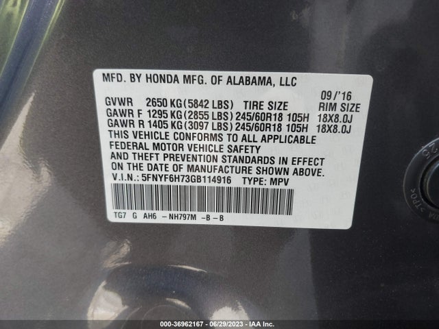 Honda Pilot Ex-l 2016 5FNYF6H73GB114916 Image 9