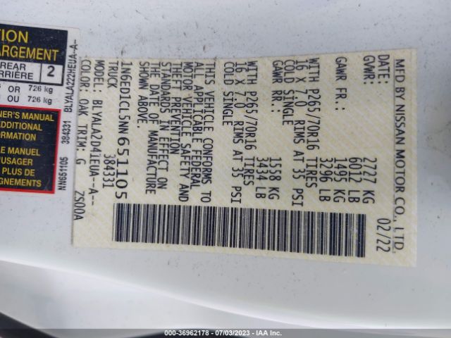 1N6ED1CL5NN651105 Nissan FRONTIER S