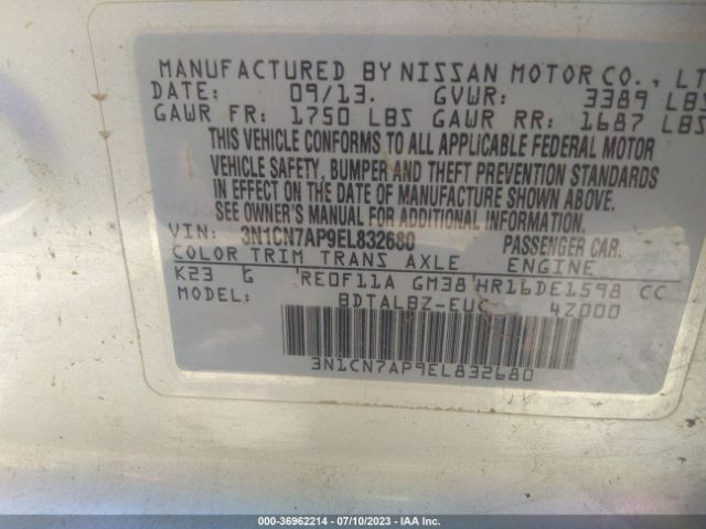 3N1CN7AP9EL832680 Nissan VERSA SV