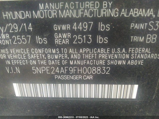 Hyundai Sonata 2.4l Se 2015 5NPE24AF9FH008832 Image 15