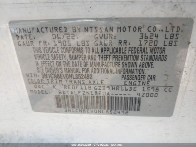 3N1CN8EV0NL852492 Nissan VERSA SV