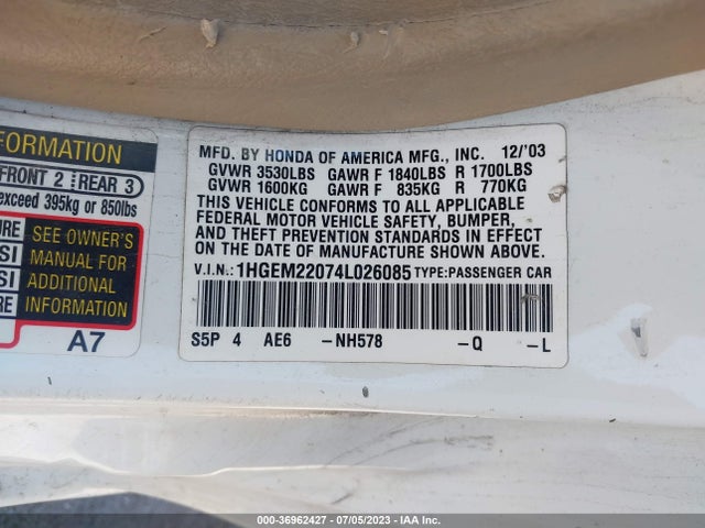 36962427 :رقم المزاد ، 1HGEM22074L026085 vin ، 2004 Honda Civic Ex مزاد بيع