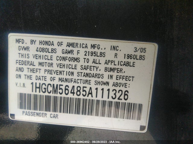 2005 HONDA ACCORD SDN LX VIN: 1HGCM56485A111326