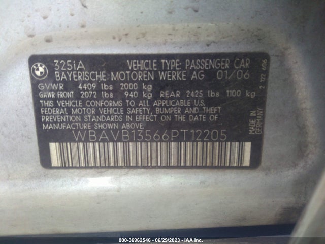 2006 BMW 3 SERIES 325I VIN: WBAVB13566PT12205