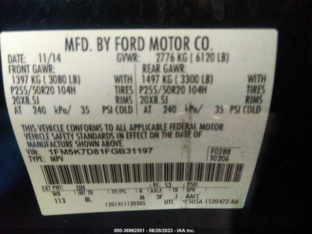 Ford EXPLORER XLT 2015 1FM5K7D81FGB31197 Image 15