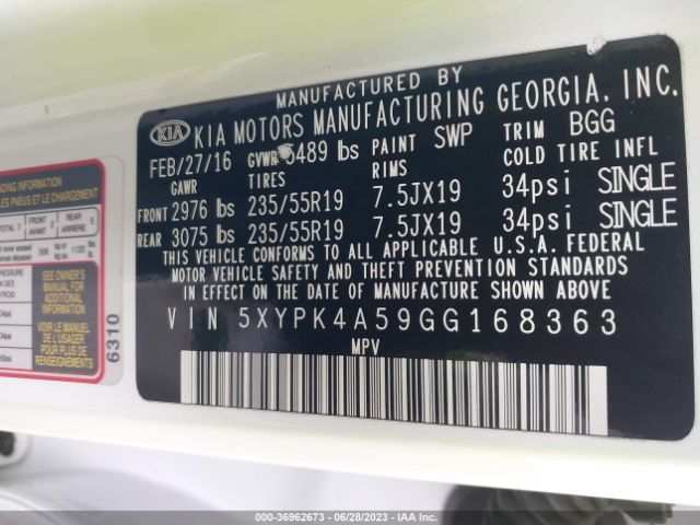 5XYPK4A59GG168363 KIA SORENTO SX